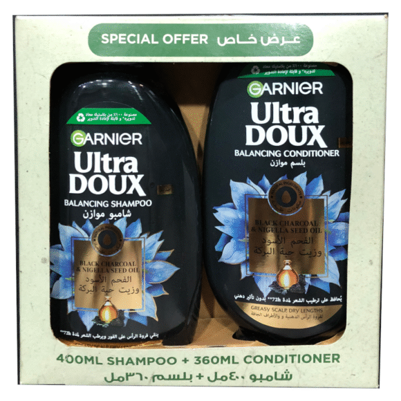Garnier Ultra Doux Charcoal & Nigella Oil Shampoo 400ml & Conditioner 360ml Value Pack